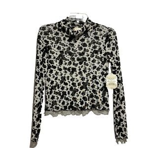 NWT Altar'd State Womens Blouse Top Small Black & Ivory Cow Print Mock Neck Mesh